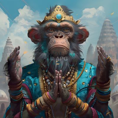 Königlicher Affengott in Anbetung vor Tempelstadt